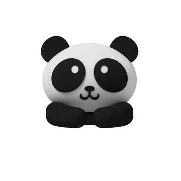 Set of two black-and-white kawaii panda cable organizer clips made of silicone, holding charging cables neatly
