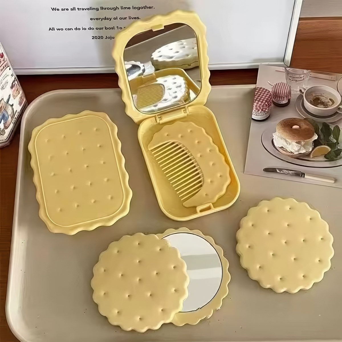 kawaii biscuit shaped folding pocket makeup face mirror