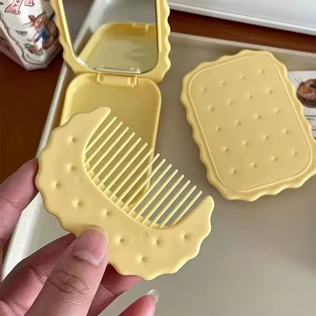 kawaii biscuit shaped folding pocket makeup face mirror