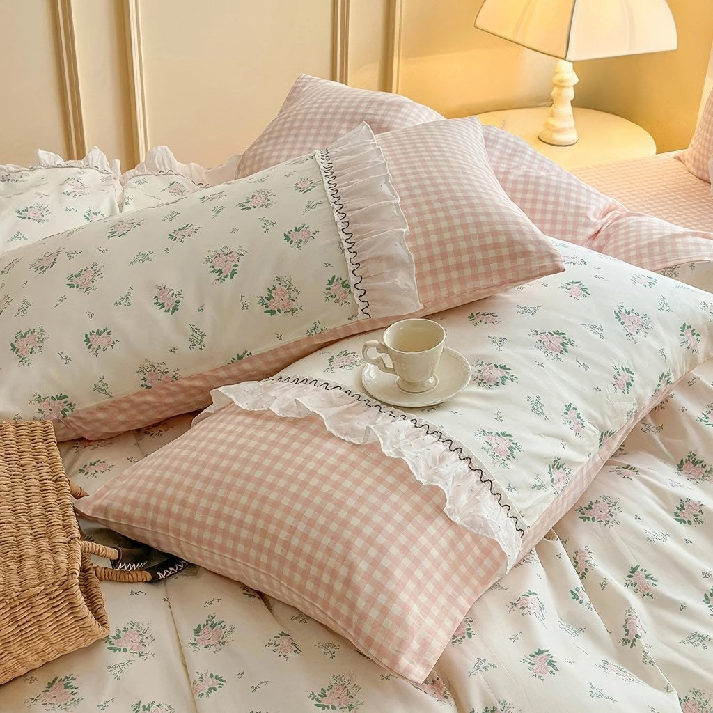 kawaii grandmacore pastel pink plaid gingham print bedding duvet cover set with ruffled laces