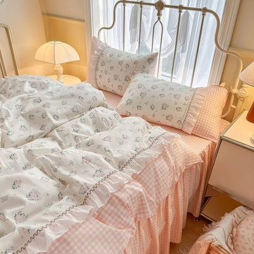 kawaii grandmacore pastel pink plaid gingham print bedding duvet cover set with ruffled laces