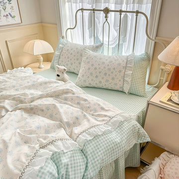 kawaii grandmacore pastel blue plaid gingham print bedding duvet cover set with ruffled laces