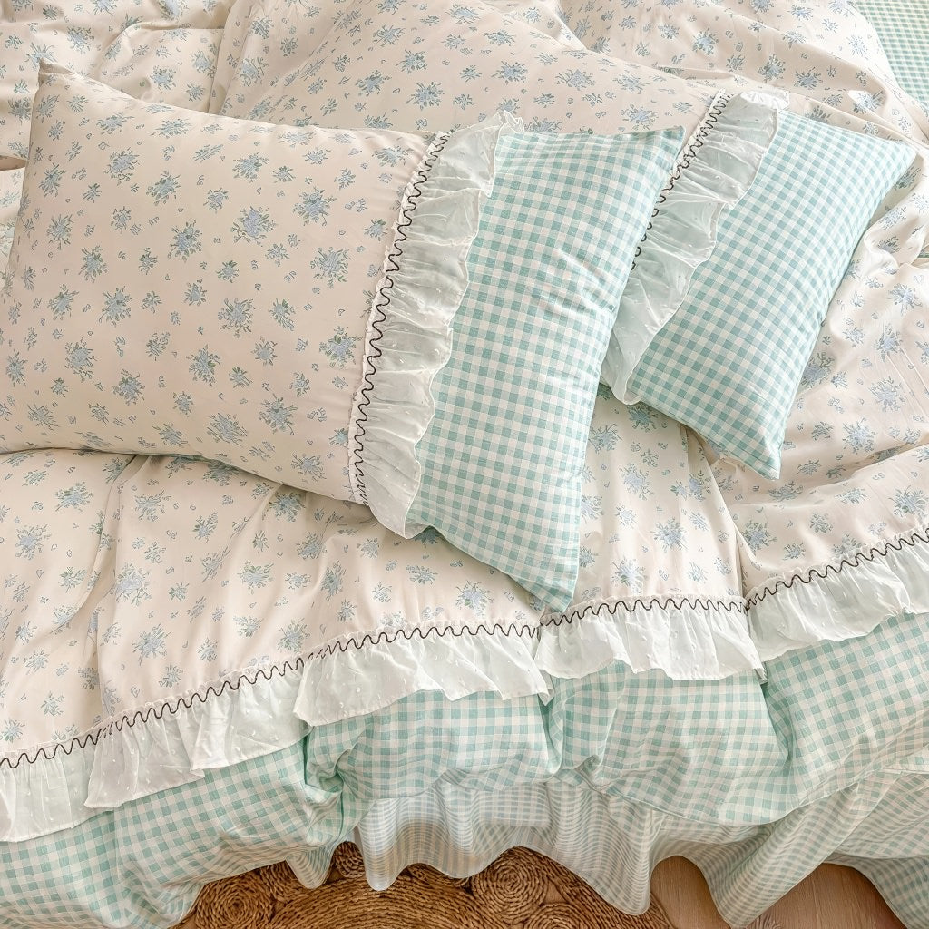 kawaii grandmacore pastel blue plaid gingham print bedding duvet cover set with ruffled laces