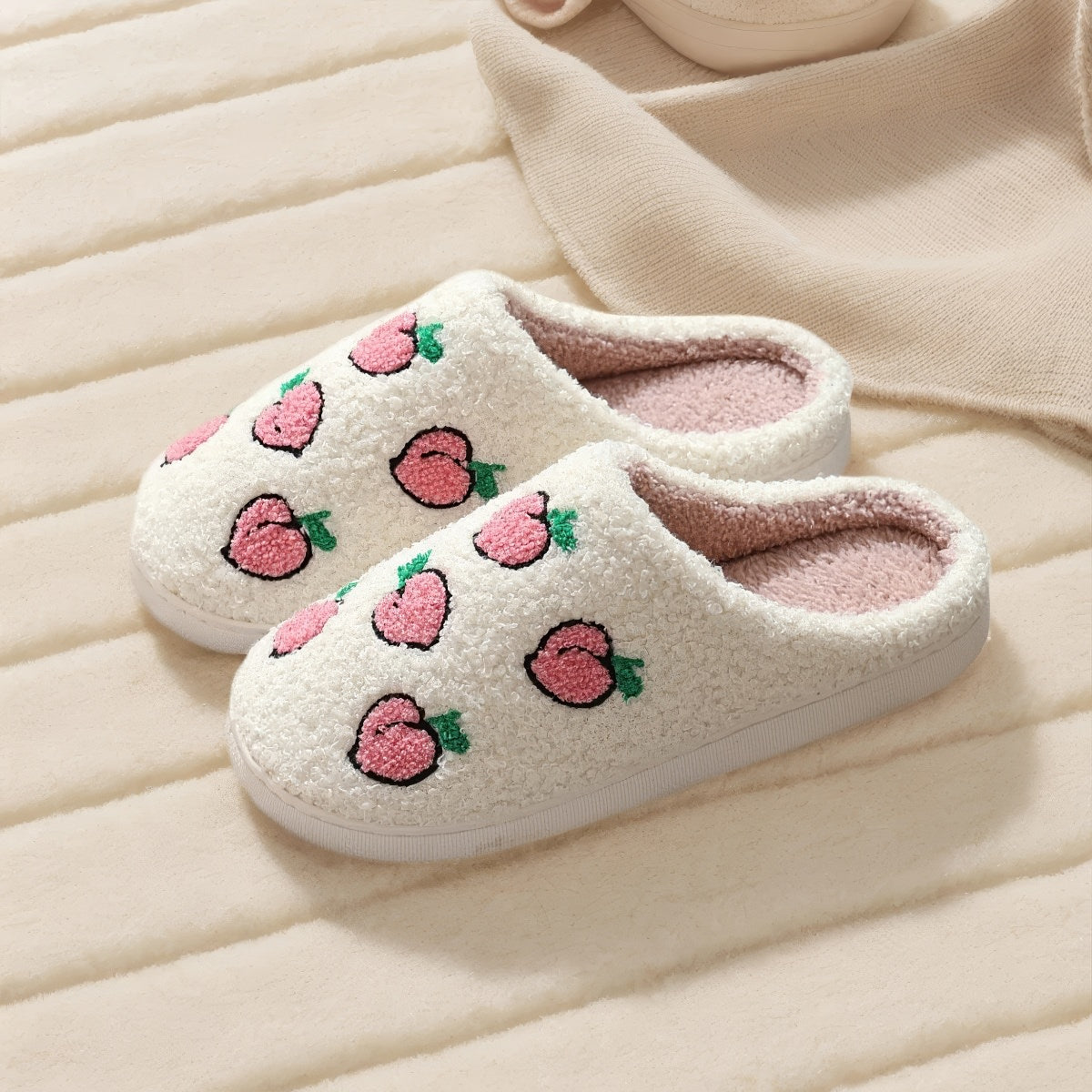 kawaii peacjes print soft plush texture aesthetic house slippers