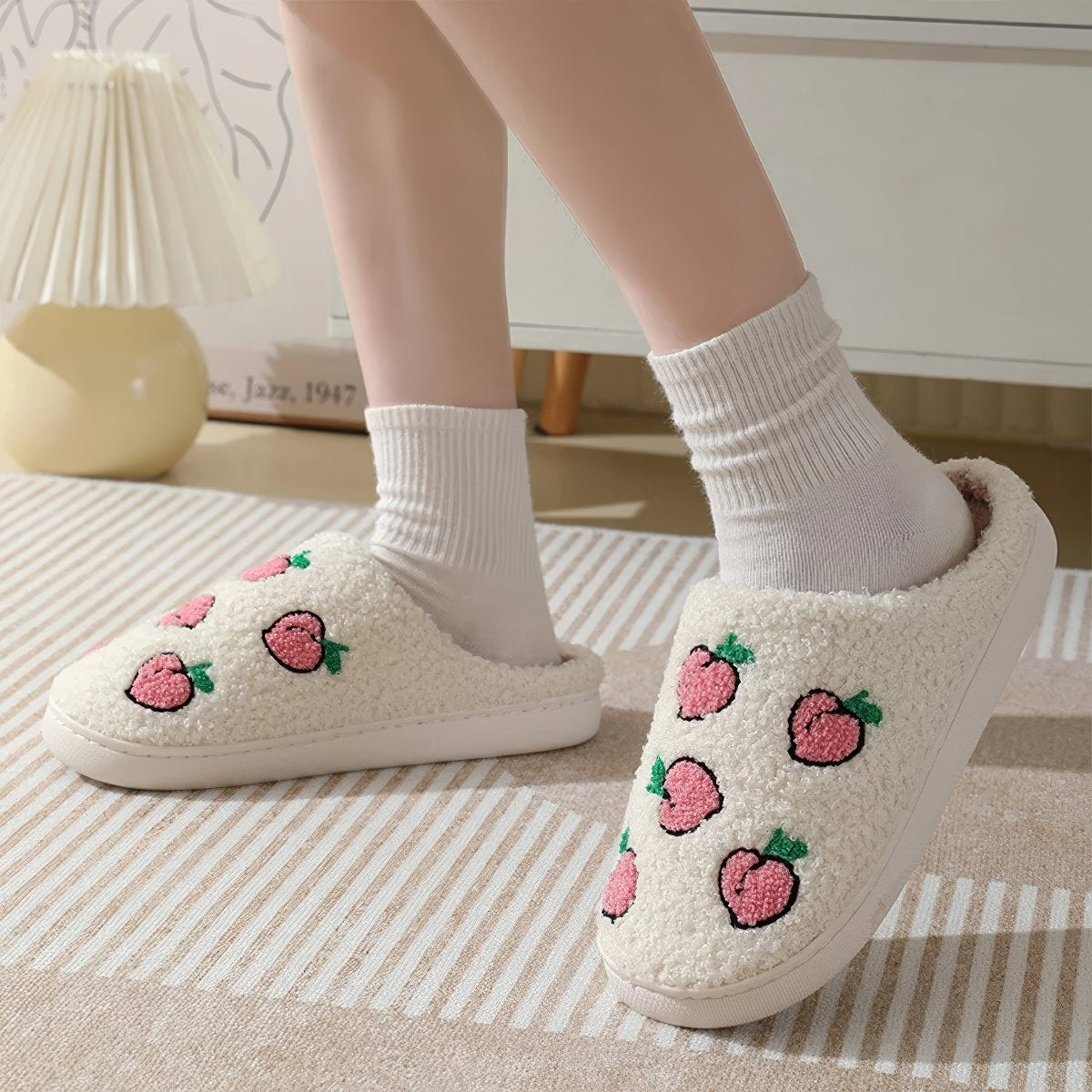 kawaii peacjes print soft plush texture aesthetic house slippers