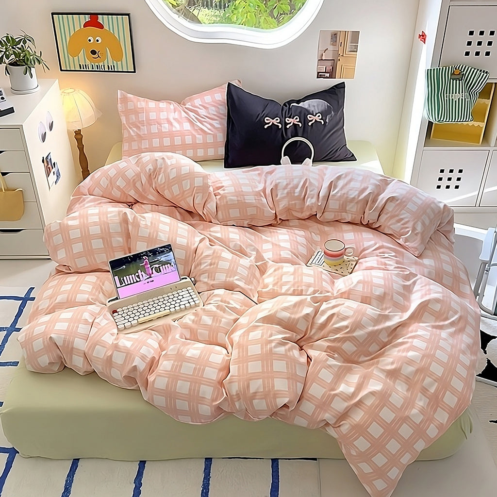 kawaii plaid print bedding set