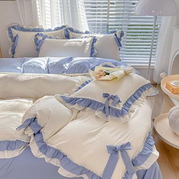 kawaii princess korean aesthetic bedding duvet cover set with bows and ruffles
