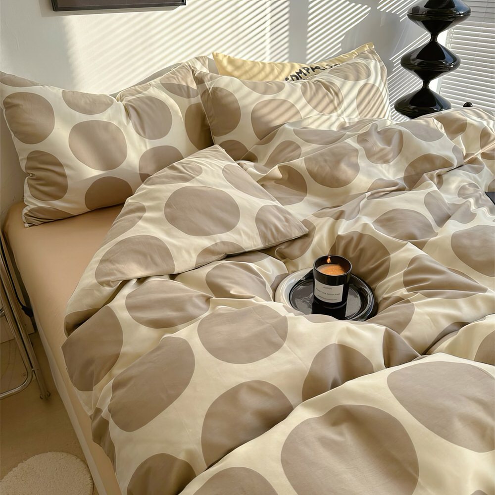 aesthetic bedding duvet cover set with large beige polka dot pattern print on beige/white background