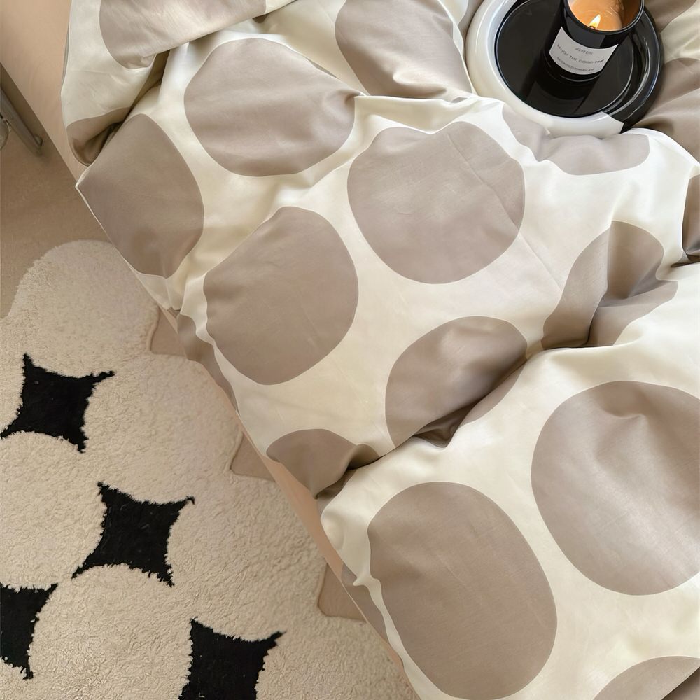 aesthetic bedding duvet cover set with large beige polka dot pattern print on beige/white background
