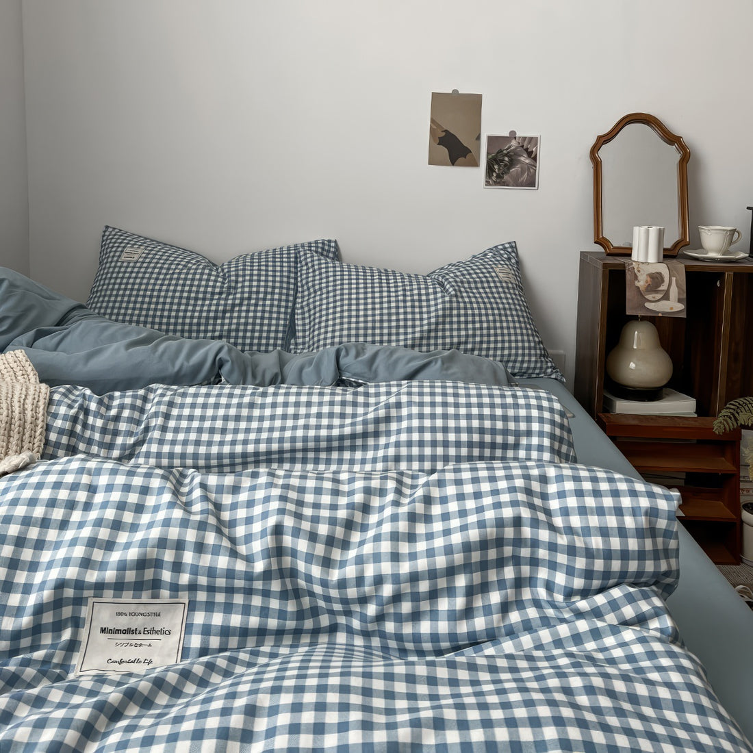 light blue classic gingham print aesthetic bedding duvet cover set
