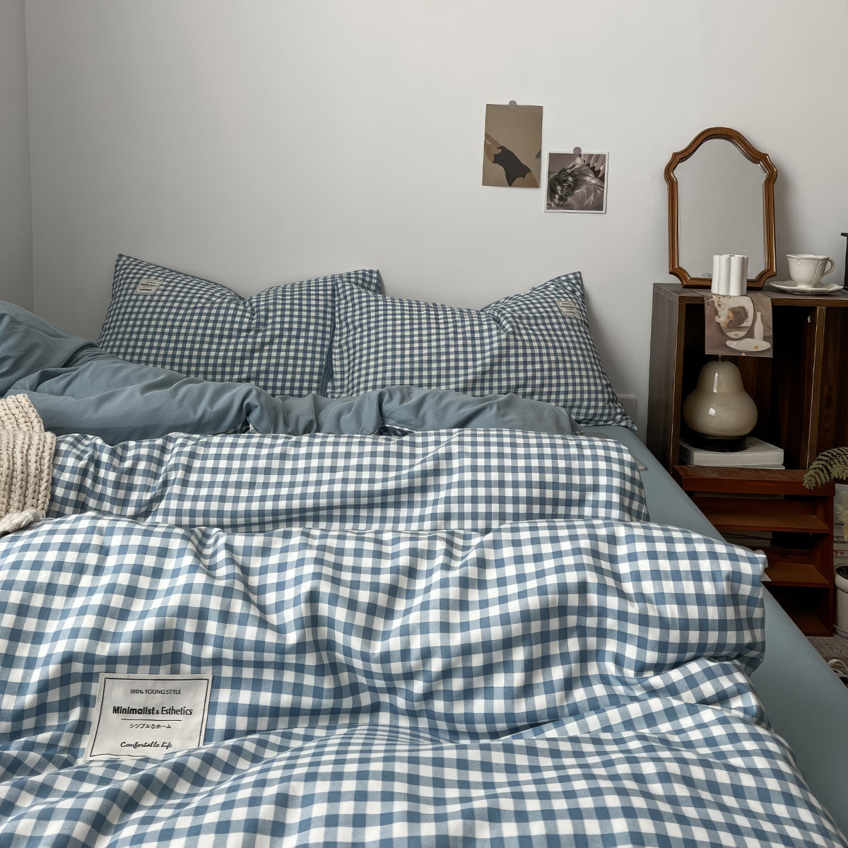 light blue classic gingham print aesthetic bedding duvet cover set