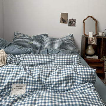 light blue classic gingham print aesthetic bedding duvet cover set