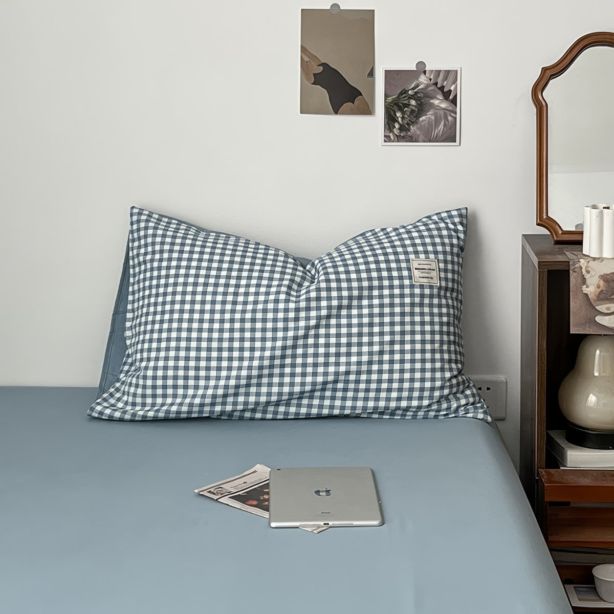 light blue classic gingham print aesthetic bedding duvet cover set
