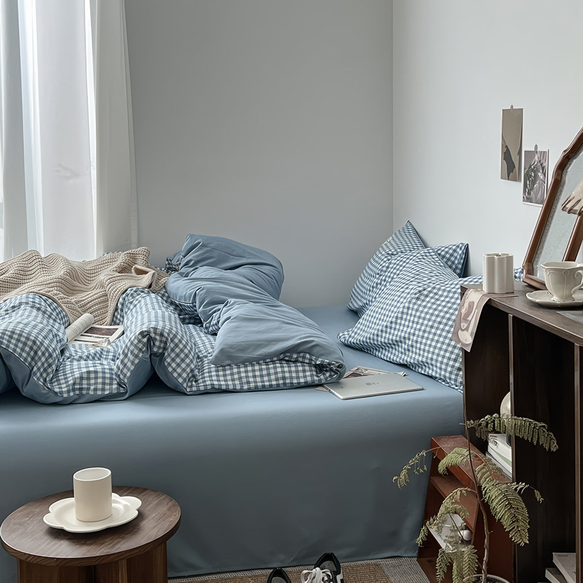light blue classic gingham print aesthetic bedding duvet cover set