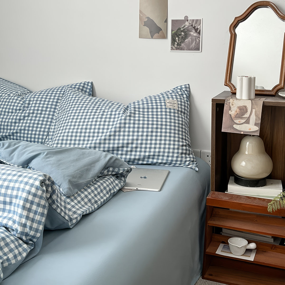 light blue classic gingham print aesthetic bedding duvet cover set
