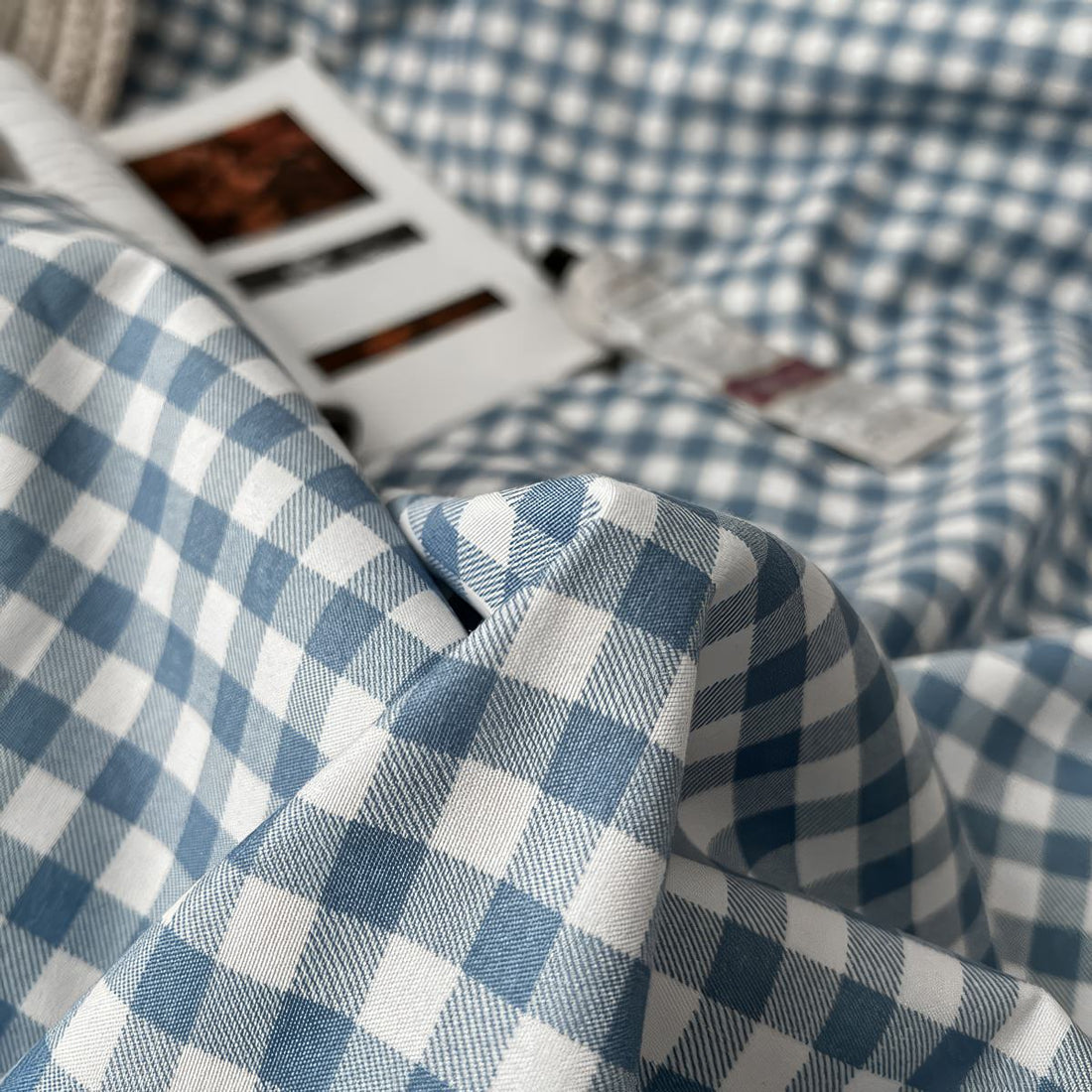 light blue classic gingham print aesthetic bedding duvet cover set