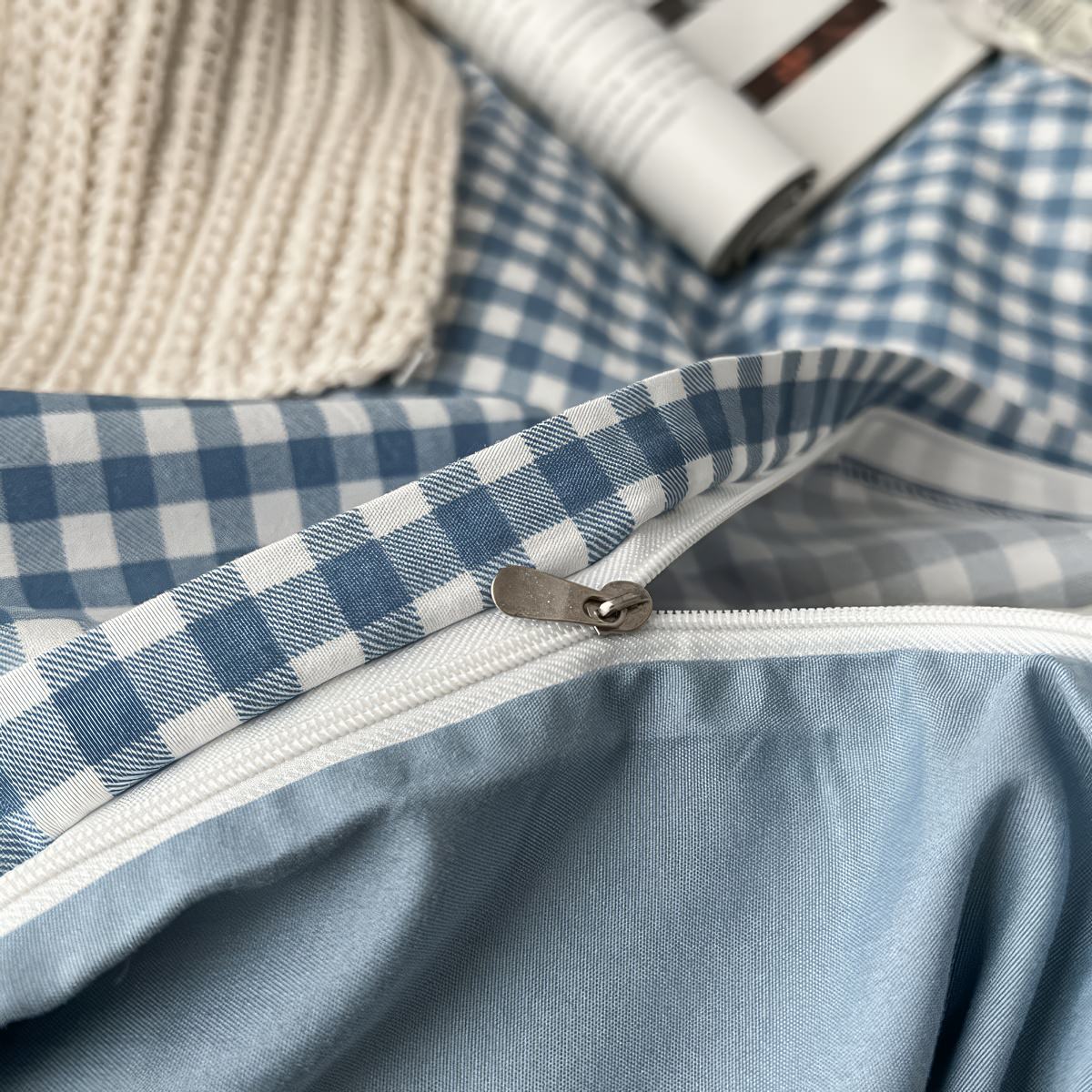 light blue classic gingham print aesthetic bedding duvet cover set
