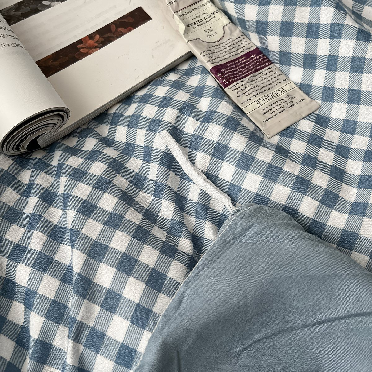 light blue classic gingham print aesthetic bedding duvet cover set