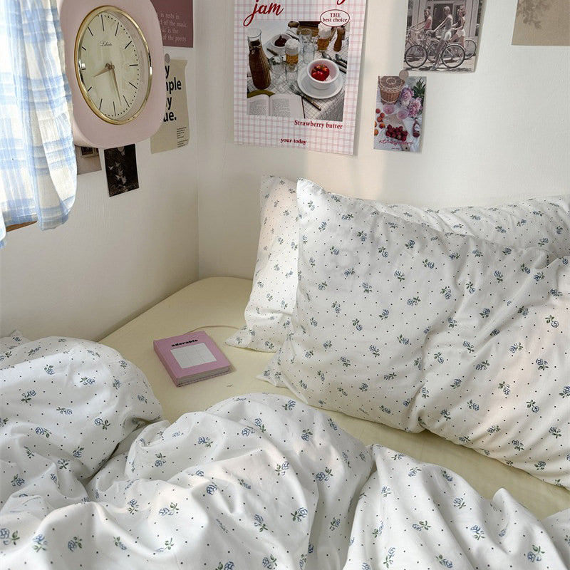 tiny light blue color flowers pattern print cotton bedding set aesthetic bedroom decor roomtery