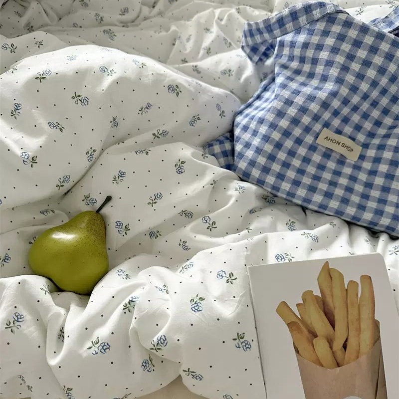 tiny light blue color flowers pattern print cotton bedding set aesthetic bedroom decor roomtery