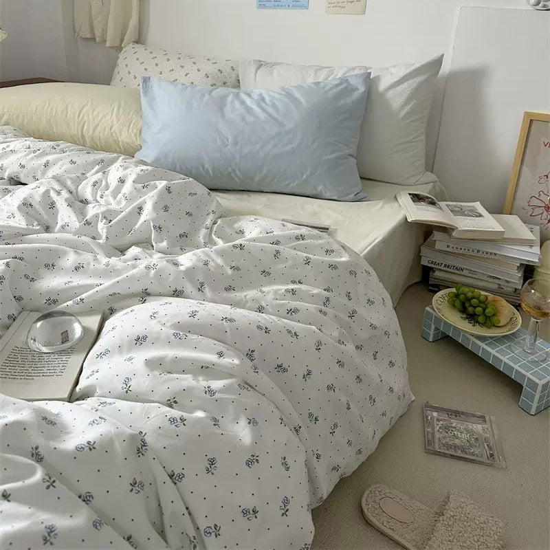 tiny light blue color flowers pattern print cotton bedding set aesthetic bedroom decor roomtery