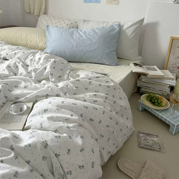 tiny light blue color flowers pattern print cotton bedding set aesthetic bedroom decor roomtery