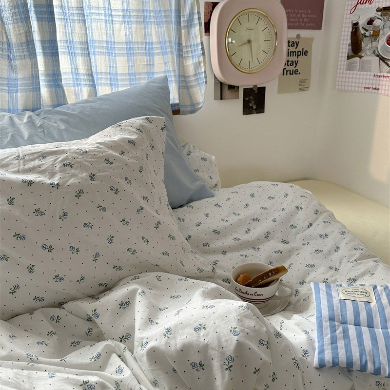 tiny light blue color flowers pattern print cotton bedding set aesthetic bedroom decor roomtery