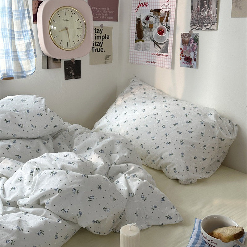 tiny light blue color flowers pattern print cotton bedding set aesthetic bedroom decor roomtery