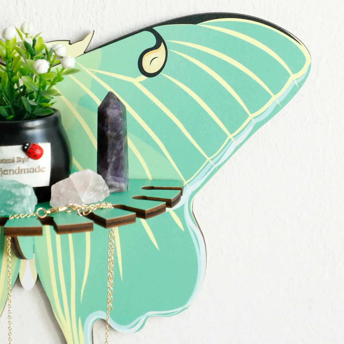 wall hanging butterfly moth shaped shelf display rack for crystals and necklaces