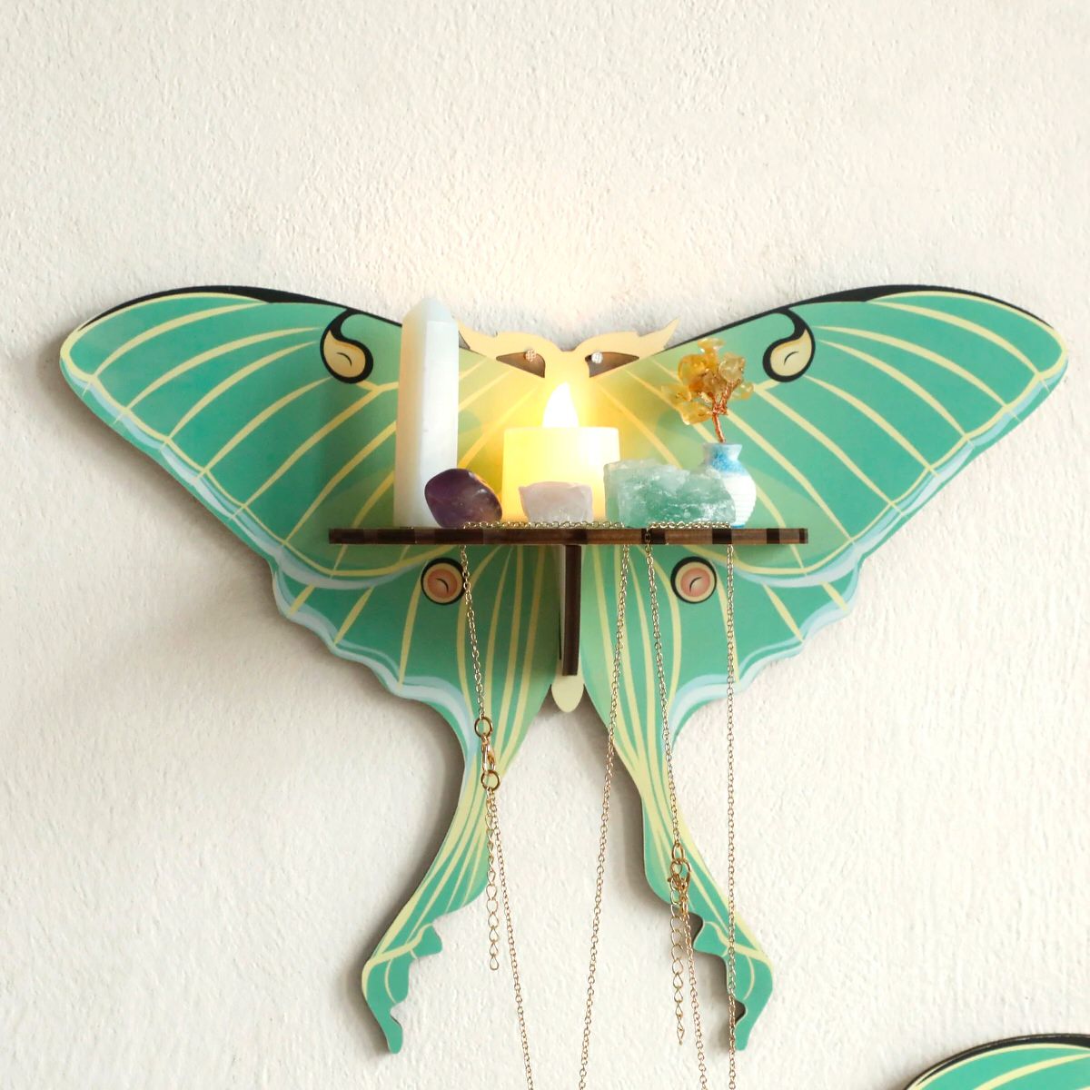 wall hanging butterfly moth shaped shelf display rack for crystals and necklaces