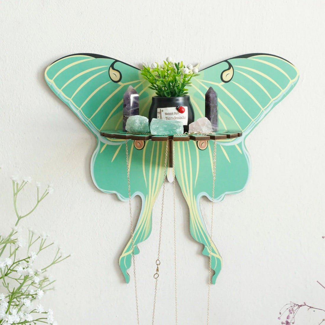 wall hanging butterfly moth shaped shelf display rack for crystals and necklaces