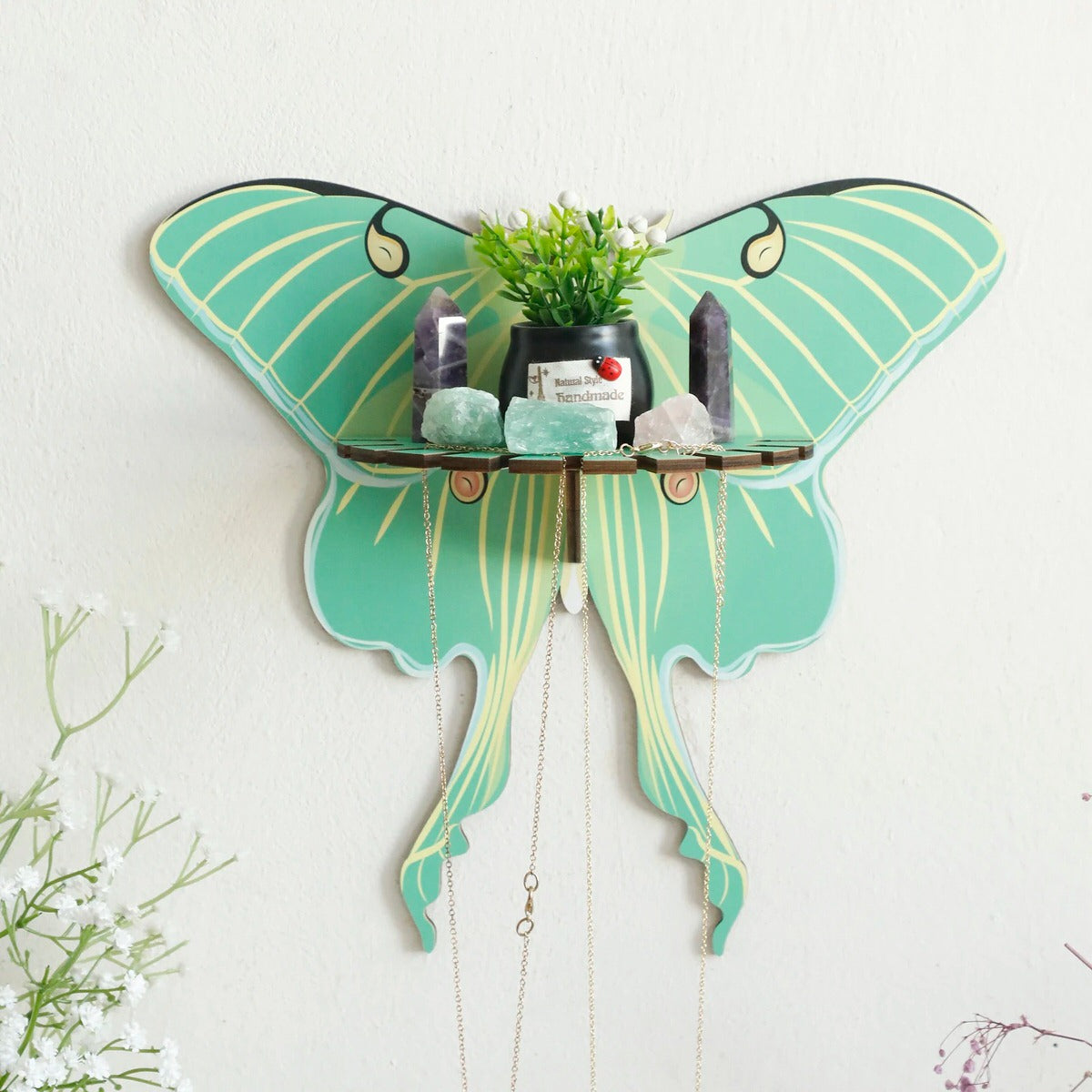 wall hanging butterfly moth shaped shelf display rack for crystals and necklaces