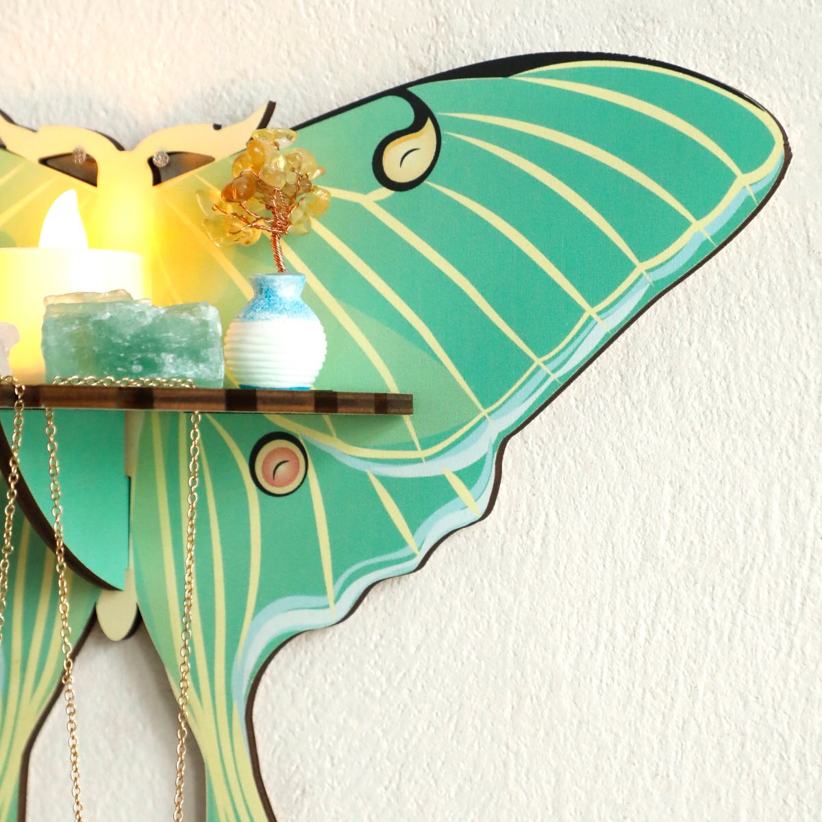 wall hanging butterfly moth shaped shelf display rack for crystals and necklaces