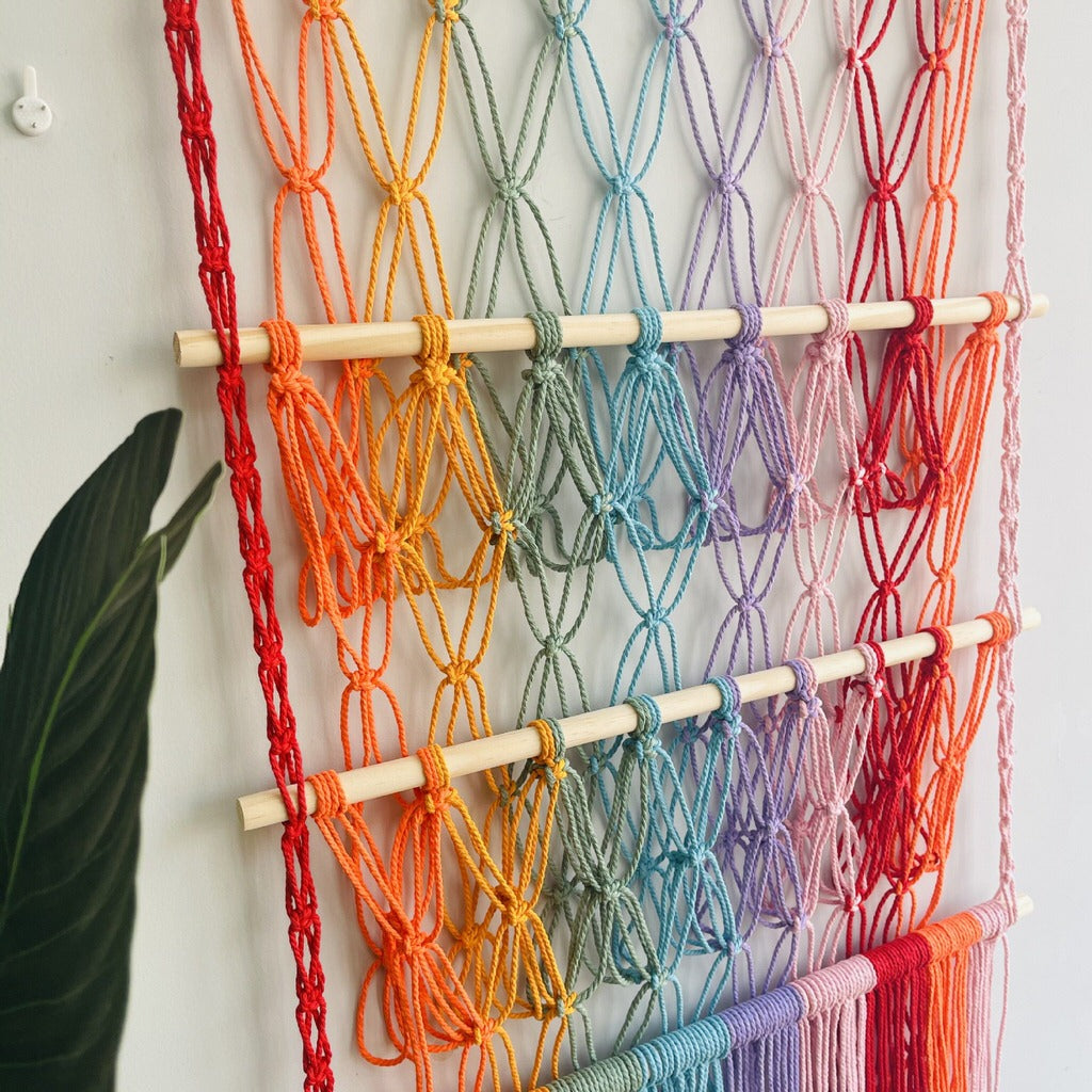colorful macrame wall hanging decor toy storage net