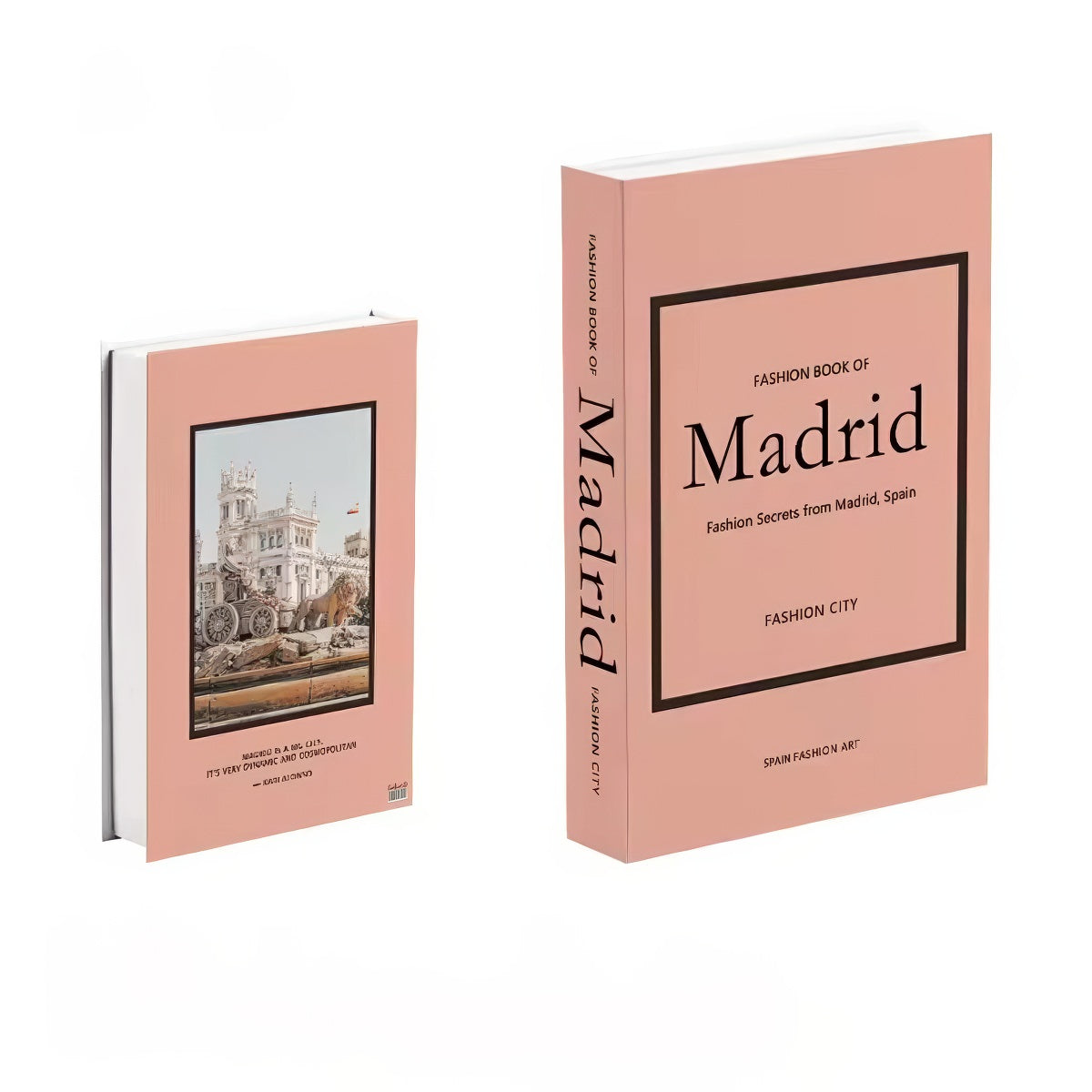 Fake book storage box titled 'Fashion Book of Madrid' with a pink cover and white spine.
