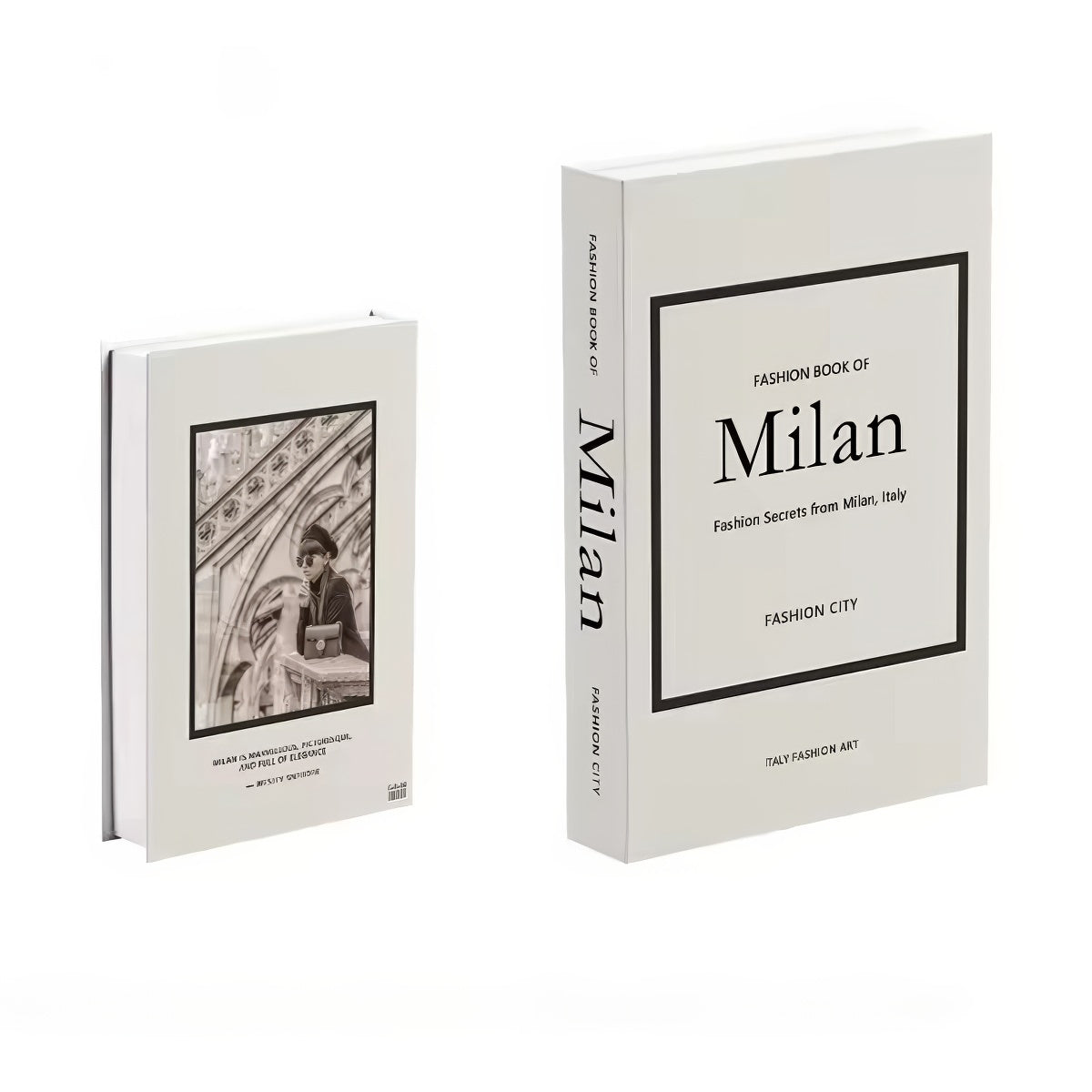 "Fashion Book of Milan" faux book storage box in ivory white with monochrome fashion print – modern decorative storage solution.