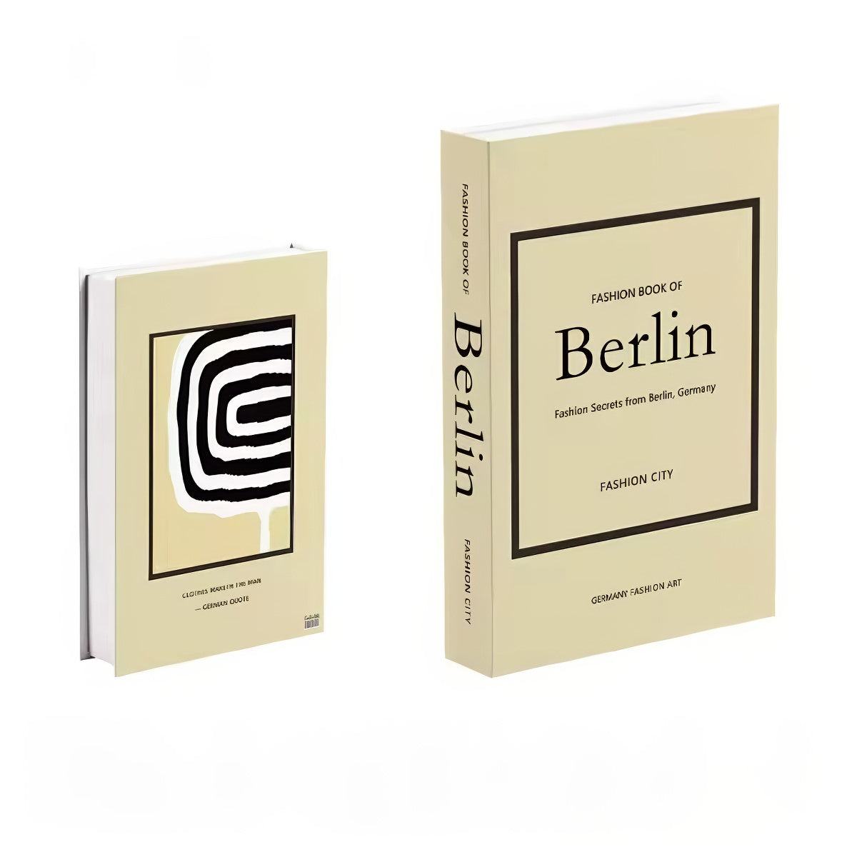 Beige "Fashion Book of Berlin" decorative storage box with abstract black and white art – minimalist faux book for aesthetic storage.