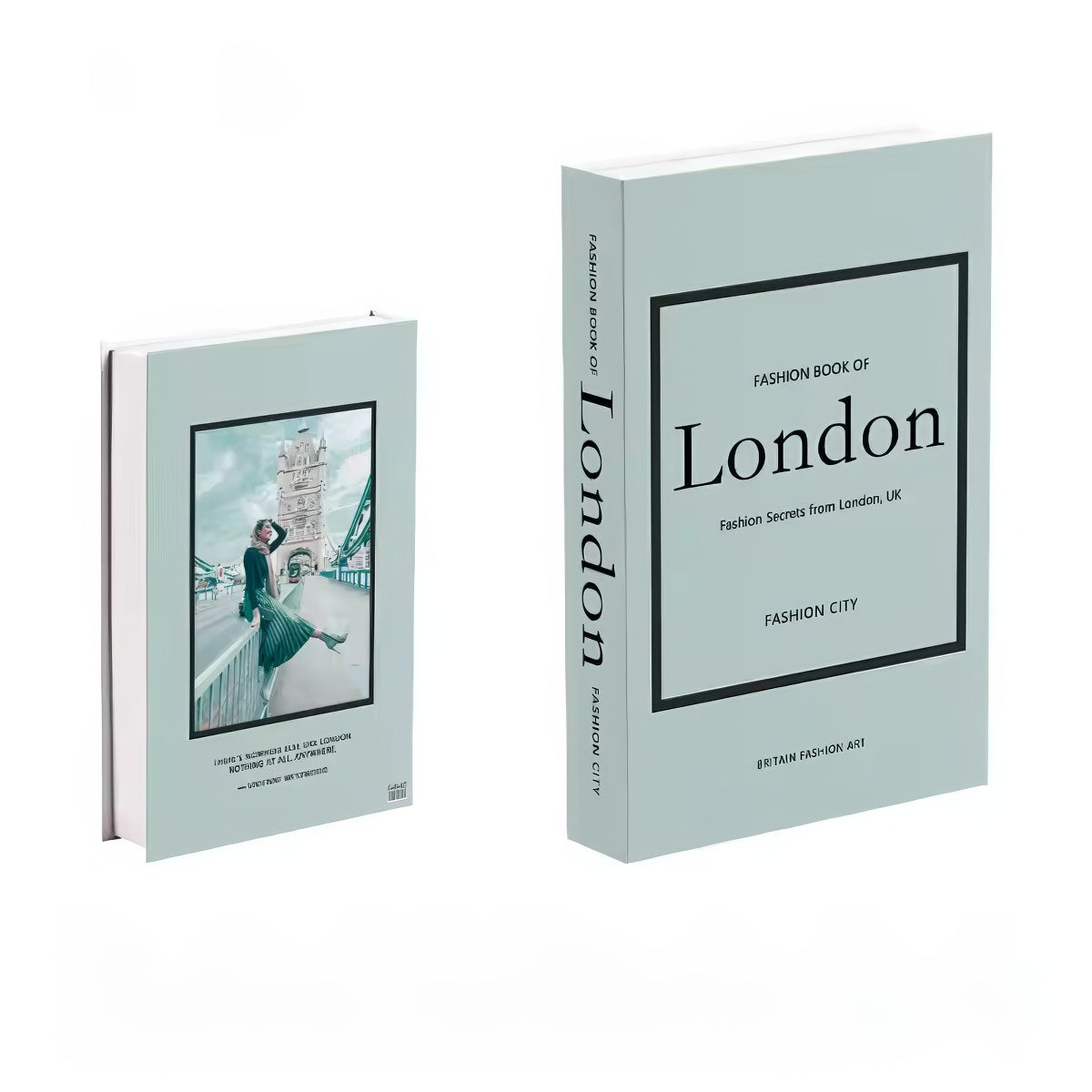 "Fashion Book of London" faux book storage box in muted blue featuring Tower Bridge fashion photo – elegant hidden storage accent.
