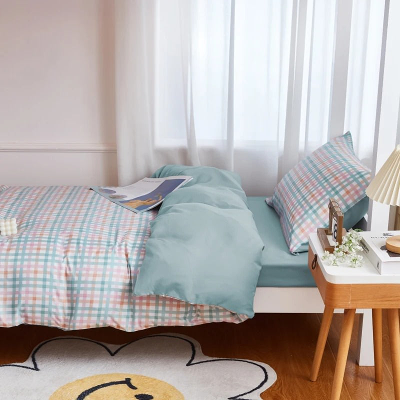 dorm room simple and cheap pastel blue plaid print bedding duvet cover set roomtery