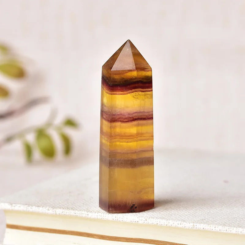 natural yellow fluorite crystal hexagonal pointing tower roomtery