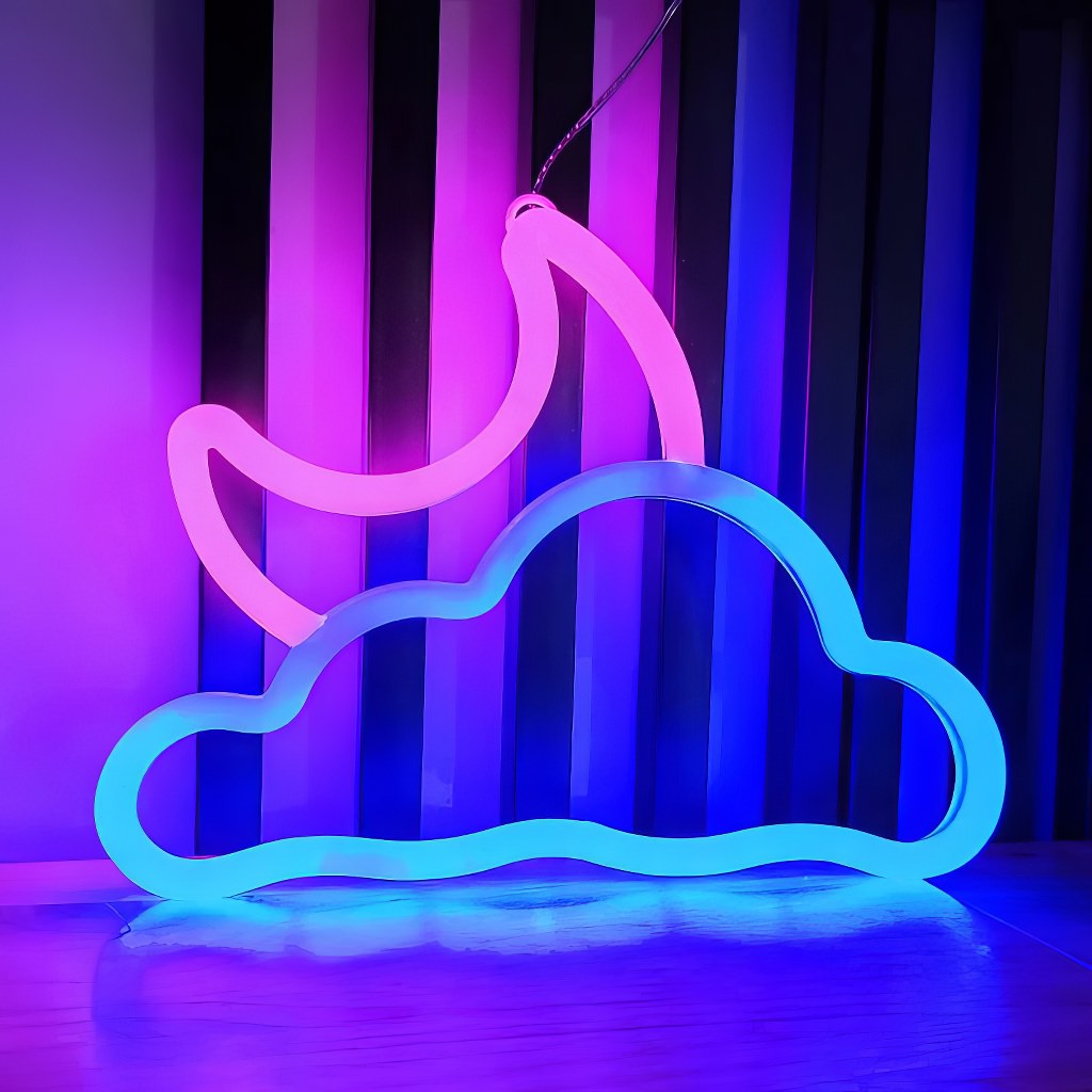 wall hanging pink and blue cloud and moon shaped led neon sign