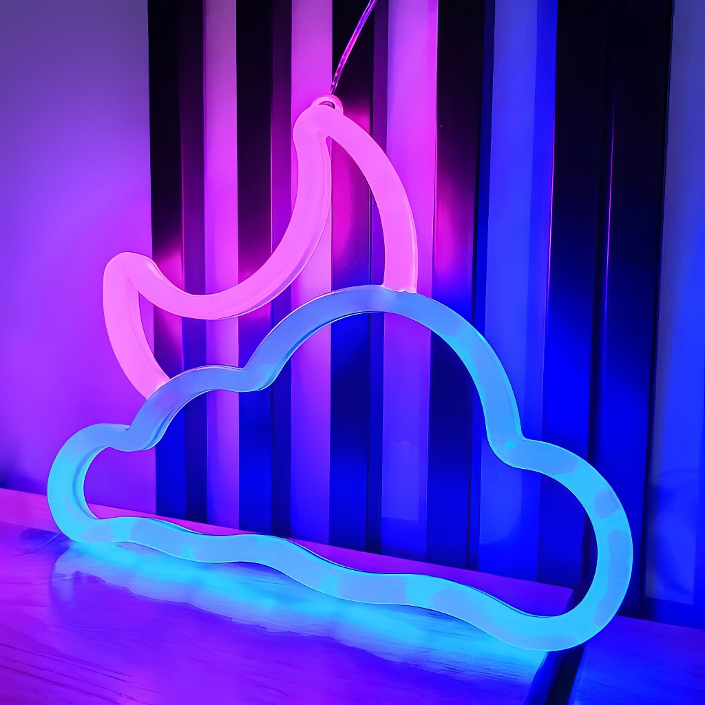 wall hanging pink and blue cloud and moon shaped led neon sign
