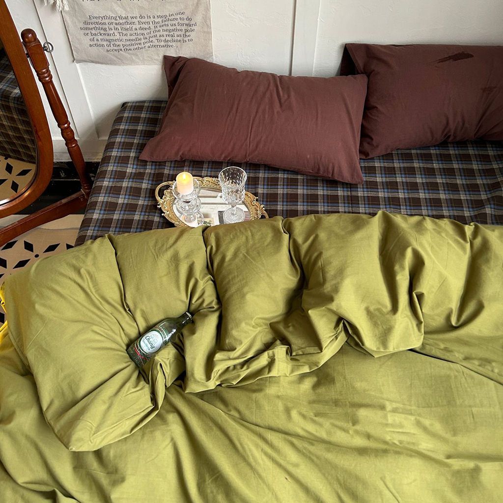 bold olive color duvet cover with plaid printed sheets rustic bedding set