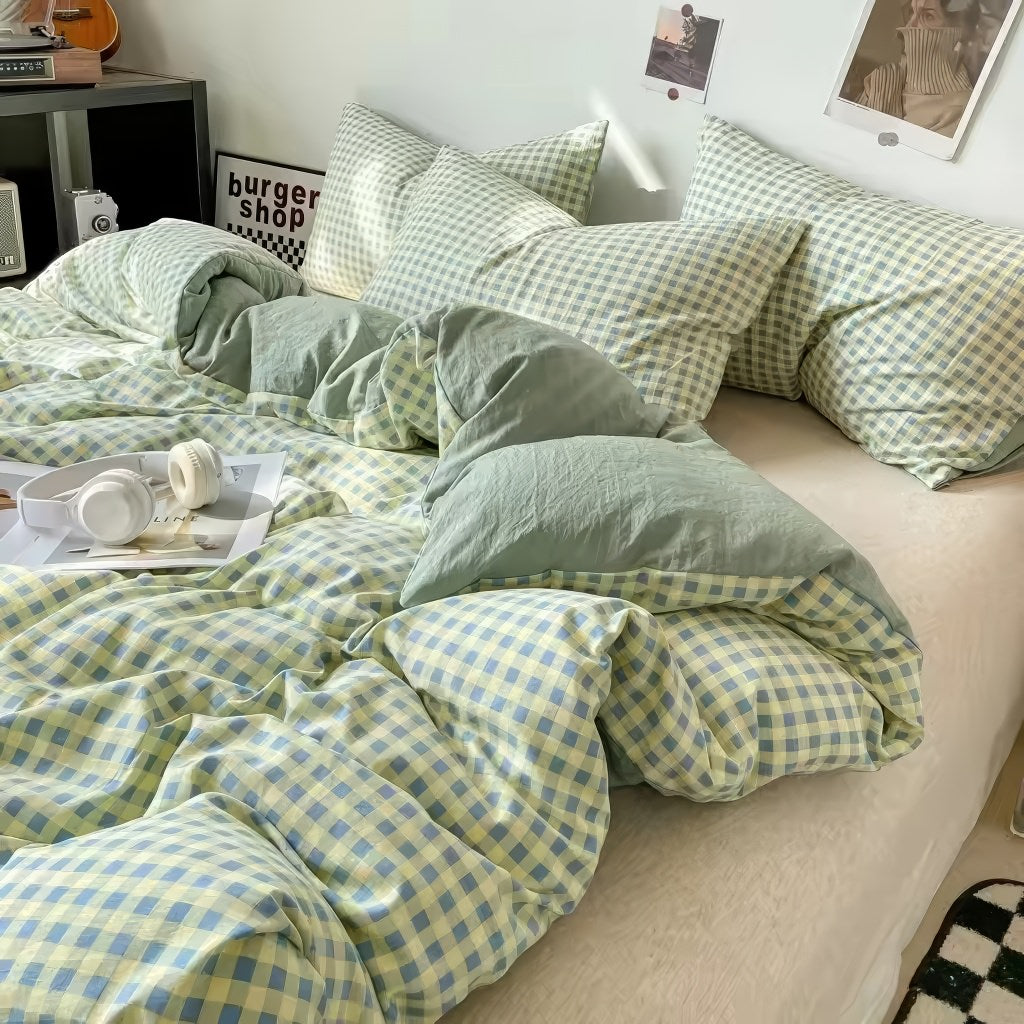 pastel aesthetic gingham plaid print bedding duvet cover set in green