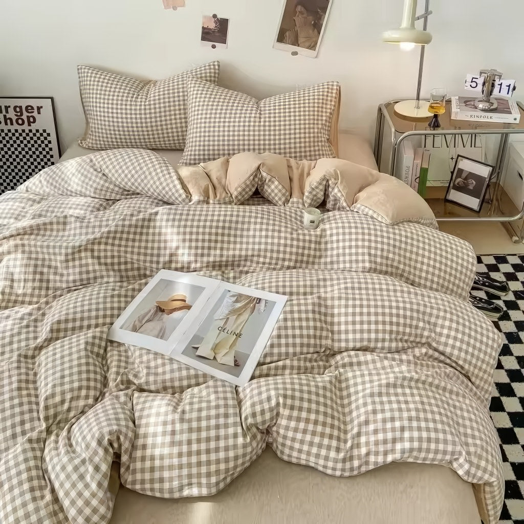 pastel aesthetic gingham plaid print bedding duvet cover set in brown