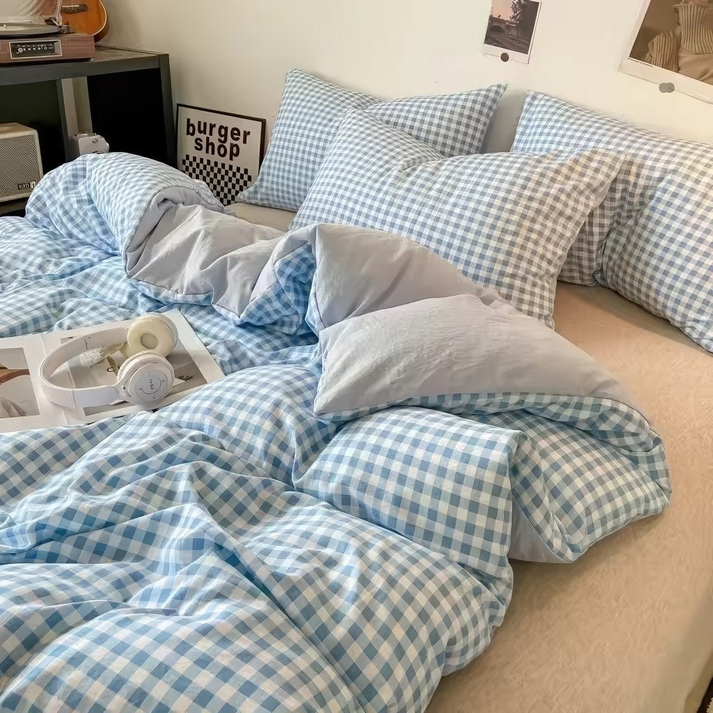 pastel aesthetic gingham plaid print bedding duvet cover set in blue