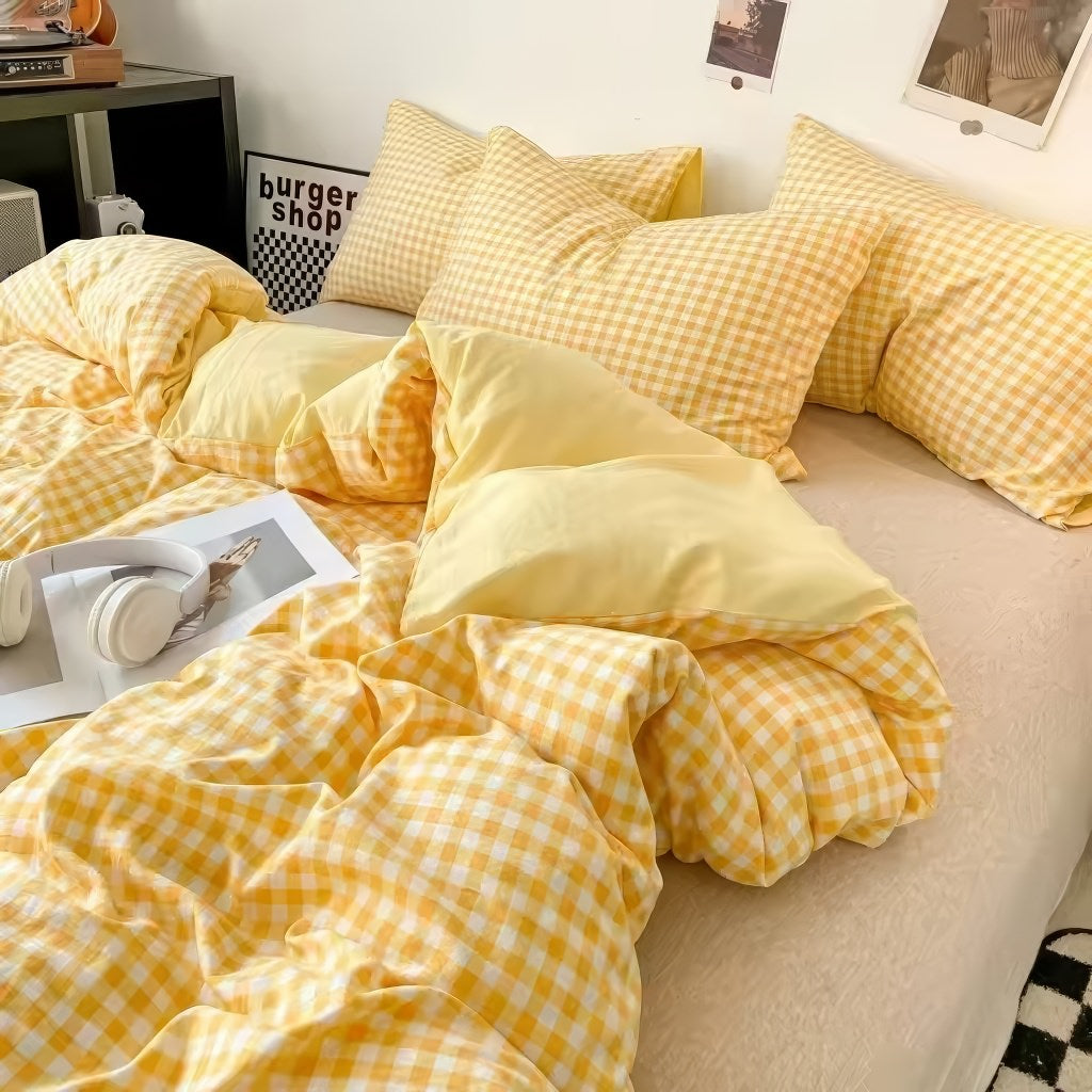 pastel aesthetic gingham plaid print bedding duvet cover set in yellow