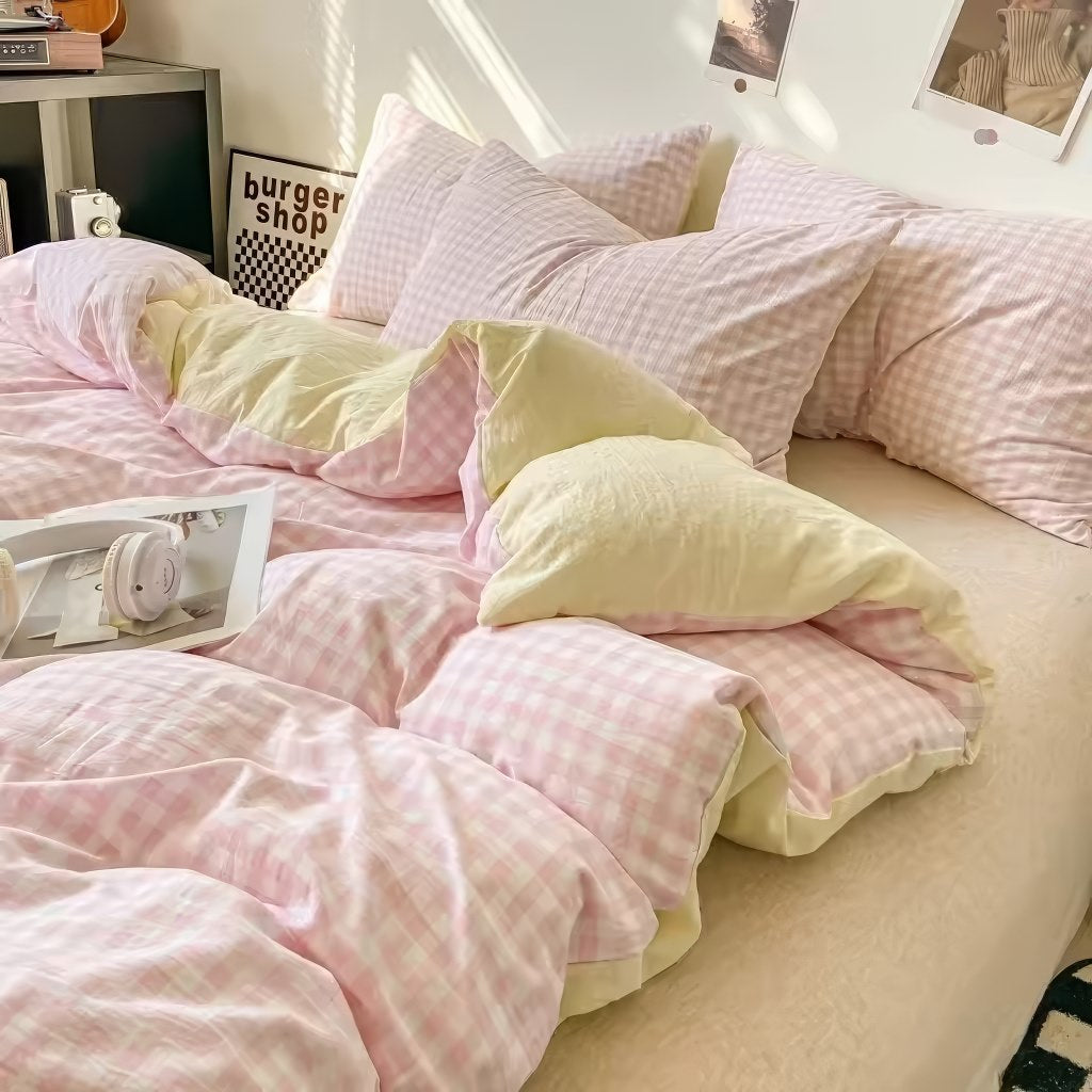 pastel aesthetic gingham plaid print bedding duvet cover set in pink