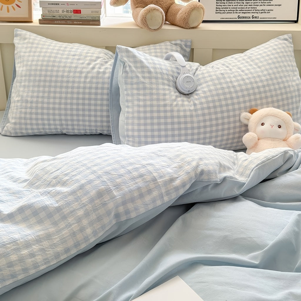 kawaii pastel aesthetic plaid print bedding duvet cover set