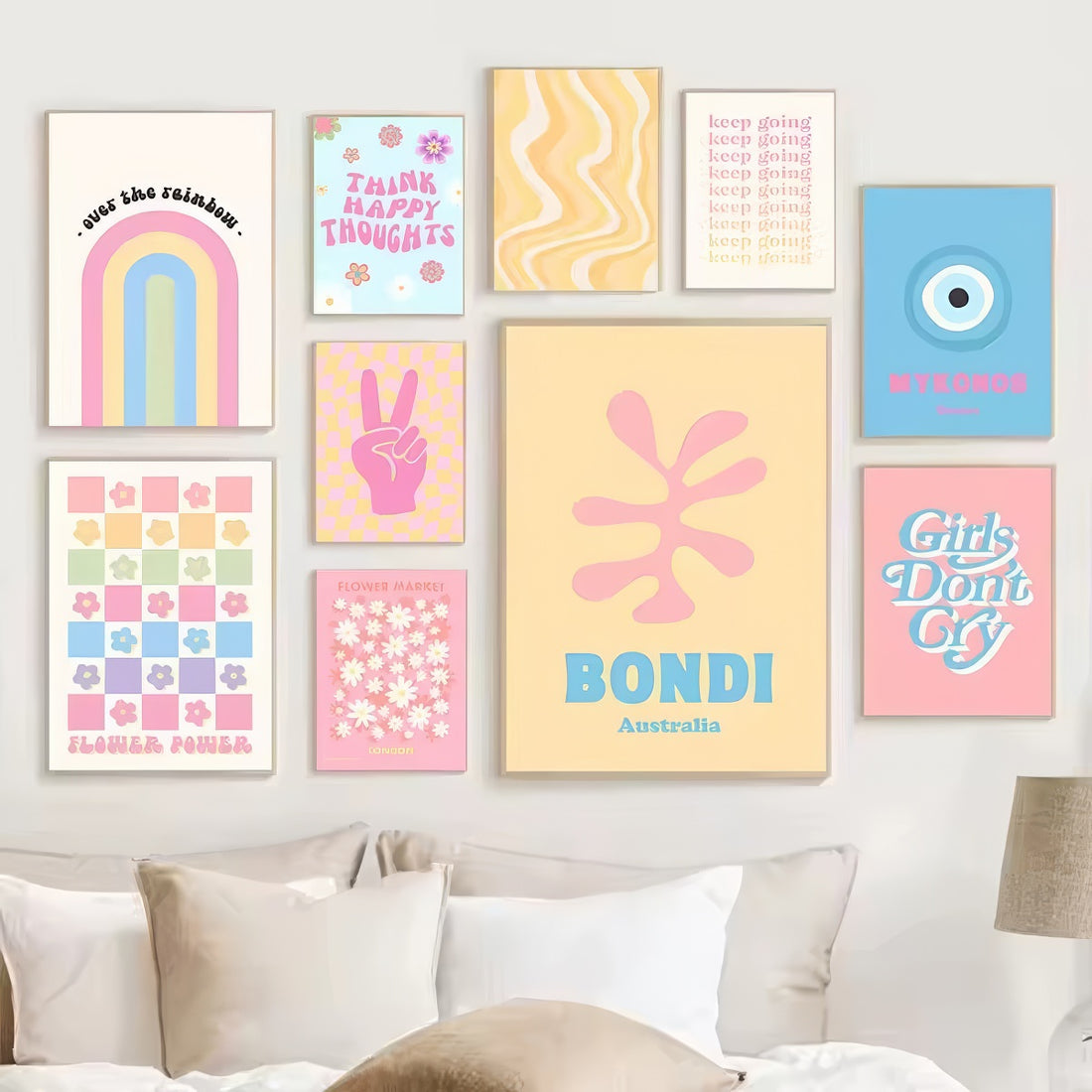 retro pastel aesthetic gallery wall art collage canvas posters